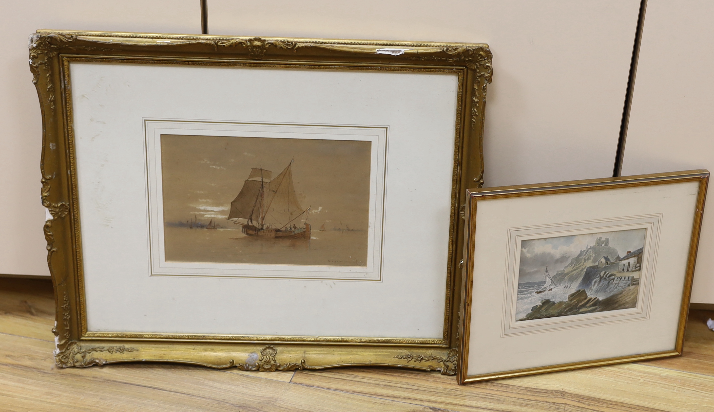 Robert Taylor Pritchett (1828-1907), watercolour, Sail barge off Venice, 16 x 24.5cm and a coastal watercolour by Arthur Hoggarth (1882-1964), 11 x 16cm